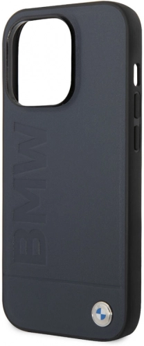 Apple iPhone 14 Pro Max (6.7) Kılıf BMW Magsafe Şarj Özellikli Deri Sıcak Mühür Baskılı Logo Dizayn Kapak - Petrol Mavi