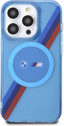 Apple iPhone 14 Pro Max (6.7) Kılıf BMW Magsafe Şarj Özellikli Transparan Tricolor Stripes Orjinal Lisanslı Kapak - Mavi