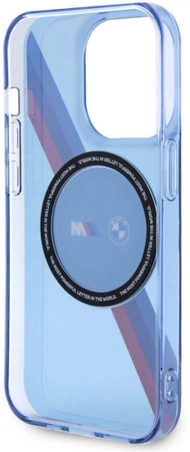 Apple iPhone 14 Pro Max (6.7) Kılıf BMW Magsafe Şarj Özellikli Transparan Tricolor Stripes Orjinal Lisanslı Kapak - Mavi