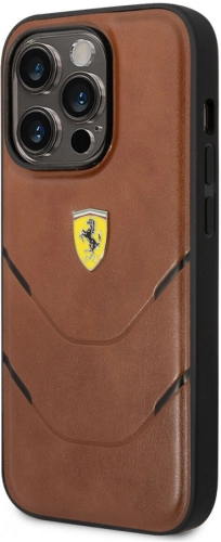 Apple iPhone 14 Pro Max (6.7) Kılıf Ferrari Orjinal Lisanslı PU Deri Sıcak Baskı Çizgili Dizayn Kapak - Kahverengi