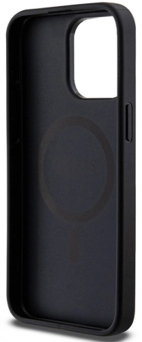 Apple iPhone 14 Pro Max (6.7) Kılıf Guess Magsafe Şarj Özellikli PU Deri Desenli Metal Plaka Logolu Kapak - Siyah