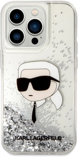 Apple iPhone 14 Pro Max (6.7) Kılıf Karl Lagerfeld Sıvılı Simli Karl Head Dizayn Kapak - Siyah