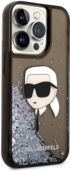 Apple iPhone 14 Pro Max (6.7) Kılıf Karl Lagerfeld Sıvılı Simli Karl Head Dizayn Kapak - Siyah