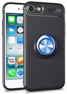 Apple iPhone 6 Plus Kılıf Auto Focus Serisi Soft Premium Standlı Yüzüklü Kapak - Mavi - Siyah