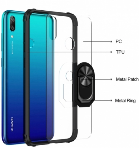 Huawei Y7 2019 Kılıf Standlı Arkası Şeffaf Kenarları Airbag Kapak - Siyah
