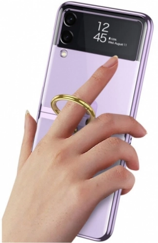 Samsung Galaxy Z Flip 3 Kılıf Yüzüklü Stand Özellikli Şeffaf Kıpta Kapak - Gold