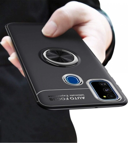 Samsung Galaxy M30s Kılıf Auto Focus Serisi Soft Premium Standlı Yüzüklü Kapak - Mavi - Siyah