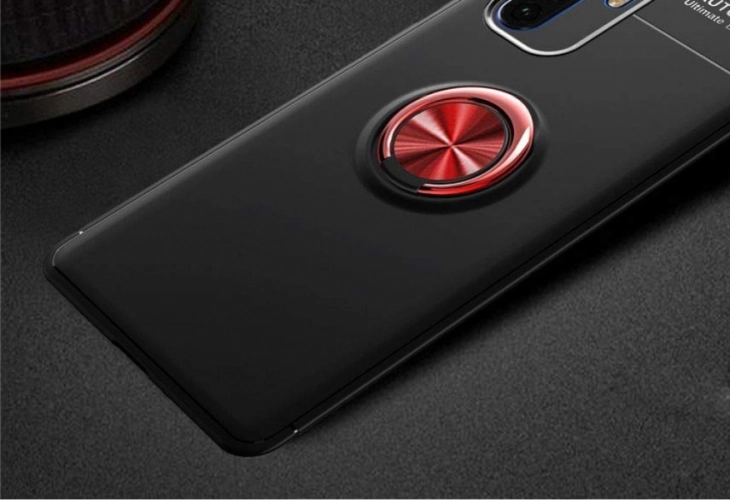 Xiaomi Mi Note 10 Kılıf Auto Focus Serisi Soft Premium Standlı Yüzüklü Kapak - Kırmızı - Siyah