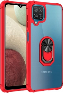 Samsung Galaxy A12 Kılıf Standlı Arkası Şeffaf Kenarları Airbag Kapak - Kırmızı