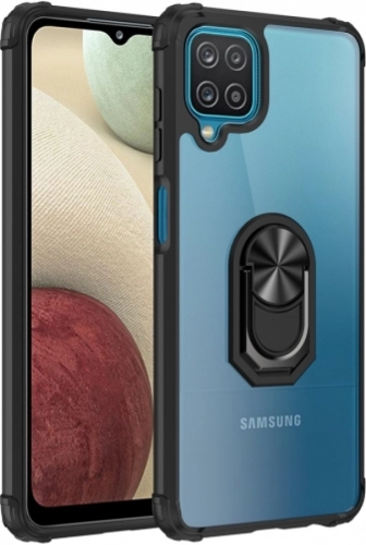 Samsung Galaxy A12 Kılıf Standlı Arkası Şeffaf Kenarları Airbag Kapak - Siyah