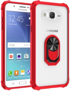 Samsung Galaxy J7 Core Kılıf Standlı Arkası Şeffaf Kenarları Airbag Kapak - Kırmızı