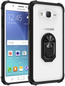 Samsung Galaxy J7 Kılıf Standlı Arkası Şeffaf Kenarları Airbag Kapak - Siyah