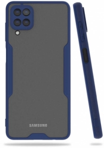 Samsung Galaxy M22 Kılıf Kamera Lens Korumalı Arkası Şeffaf Silikon Kapak - Lacivert