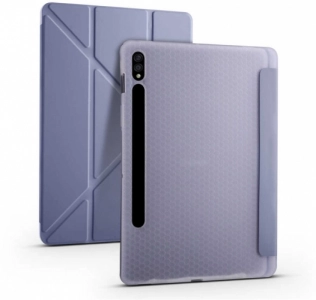 Samsung Galaxy Tab S7 Plus T970 Tablet Kılıfı Standlı Tri Folding Kalemlikli Silikon Smart Cover - Mor