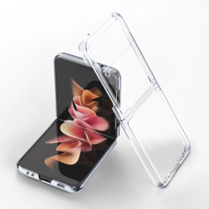 Samsung Galaxy Z Flip 3 Kılıf Metal Görünümlü Esnek Kıpta Kapak - Şeffaf