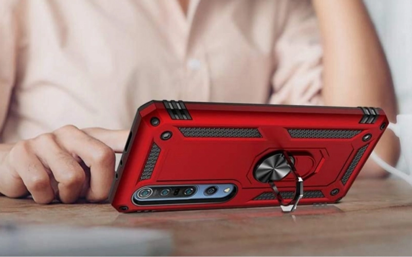 Xiaomi Mi Note 10 Lite Kılıf Zırhlı Standlı Mıknatıslı Tank Kapak - Kırmızı