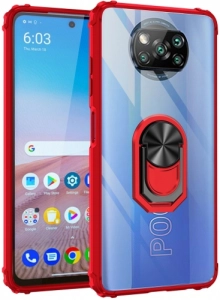 Xiaomi Poco X3 NFC Kılıf Standlı Arkası Şeffaf Kenarları Airbag Kapak - Kırmızı