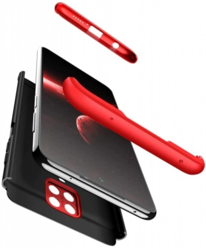 Xiaomi Redmi Note 9 Pro Kılıf 3 Parçalı 360 Tam Korumalı Rubber AYS Kapak  - Kırmızı - Siyah